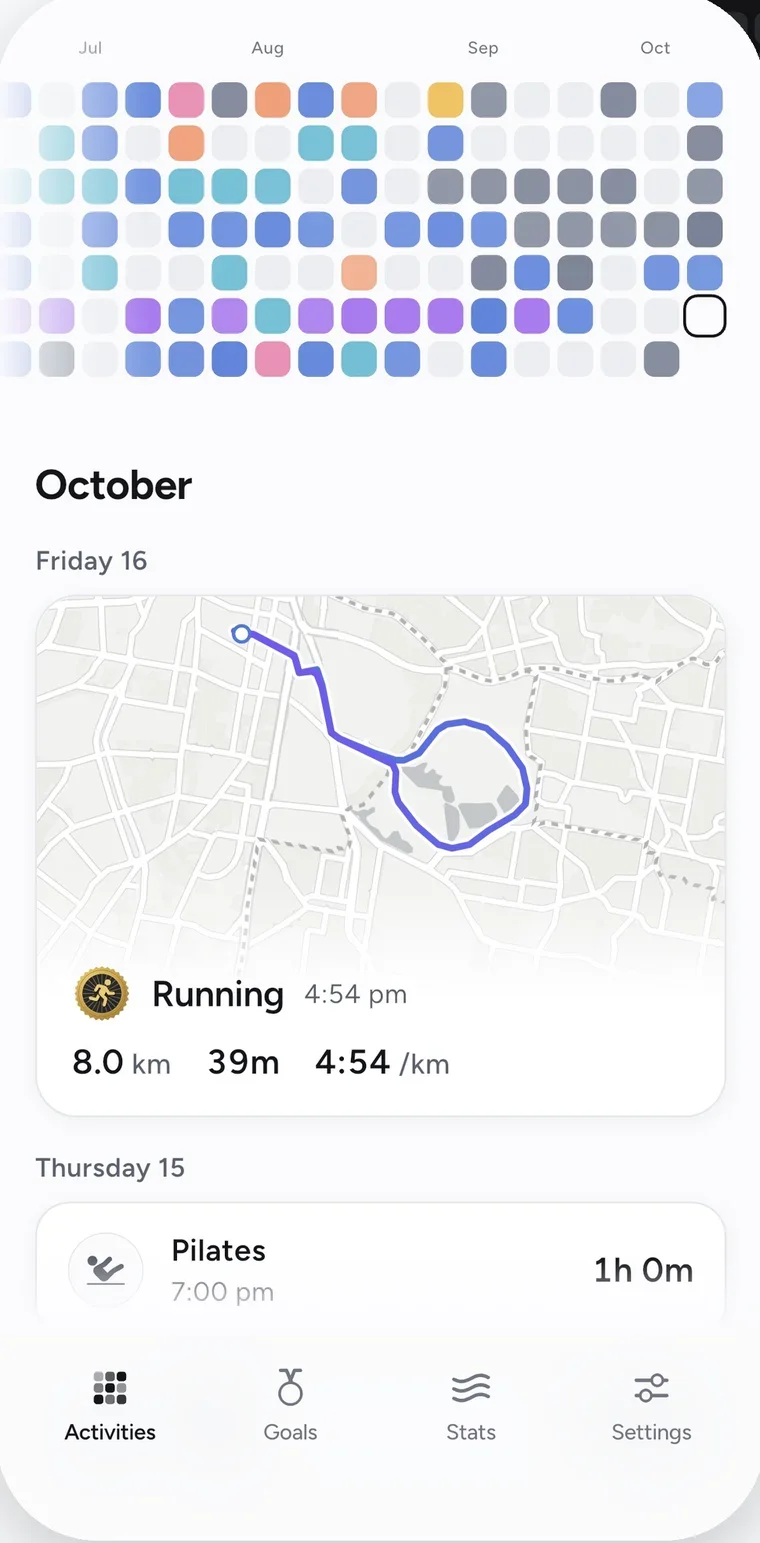 The Activities tab: a grid of every day you moved, then the feed of workouts with route maps