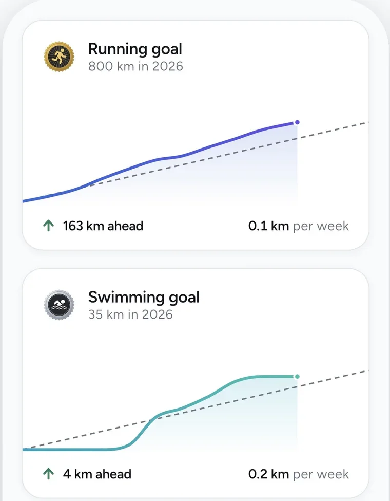 Goals: a running goal and a swimming goal, each a chart of the year with a dashed pace line