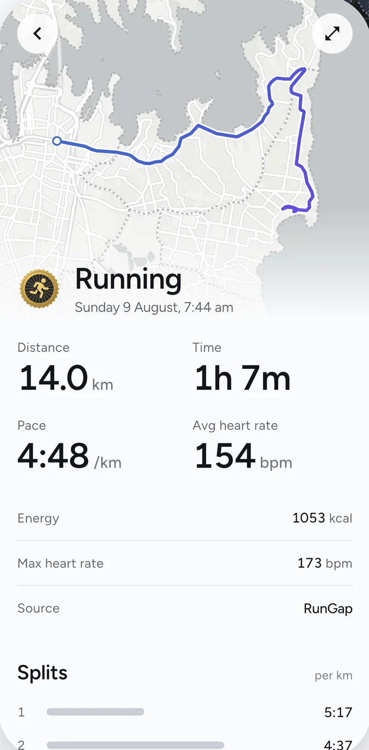 A workout page: the route map, then distance, time, pace and heart rate, then splits